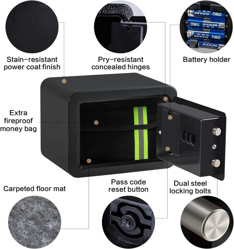 Locksworth 0.23 Cubic Feet Safe Box, Small Safe W/Fireproof Bag, Keys & Pass Code, Digital Electronic Security Money Box for Cash, Document, Home, Office, Hotel Use, Black, 6.69"D x 9.06"W x 6.69"H - Image 5